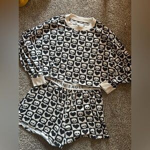 American Eagle | Skull Fleece Boxer Crop Top Long Sleeve Pajama Set